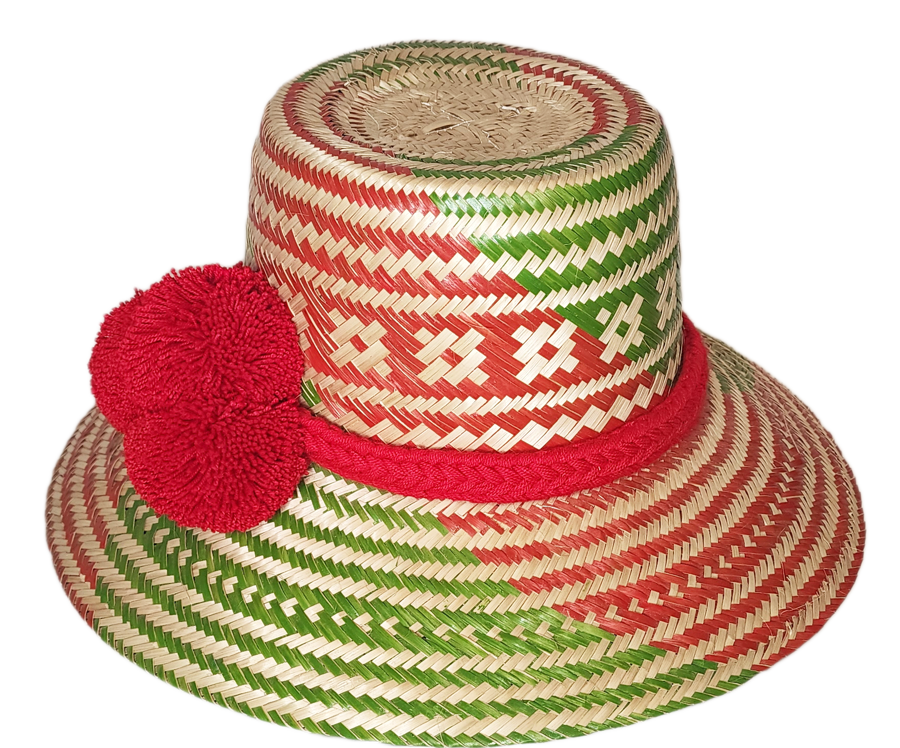 "Colorful handmade Wayuu hat woven from Iraca palm fibers, adorned with significant pompoms, adjustable for style and fit."