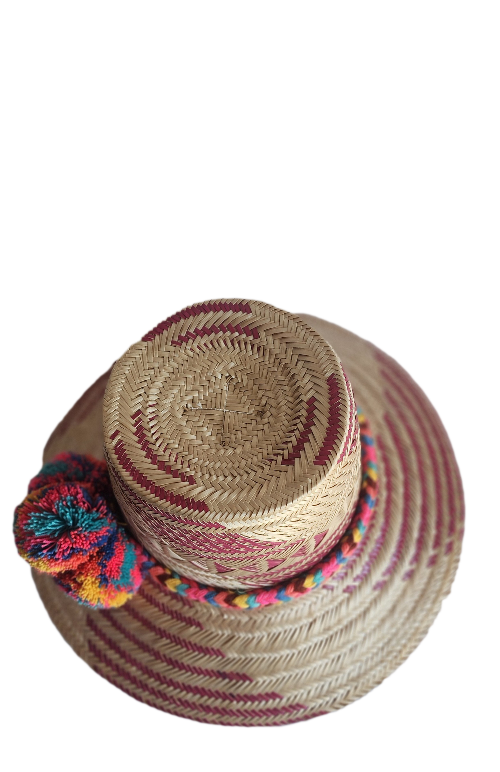 "Colorful handmade Wayuu hat woven from Iraca palm fibers, adorned with culturally significant pompoms, offering adjustable f