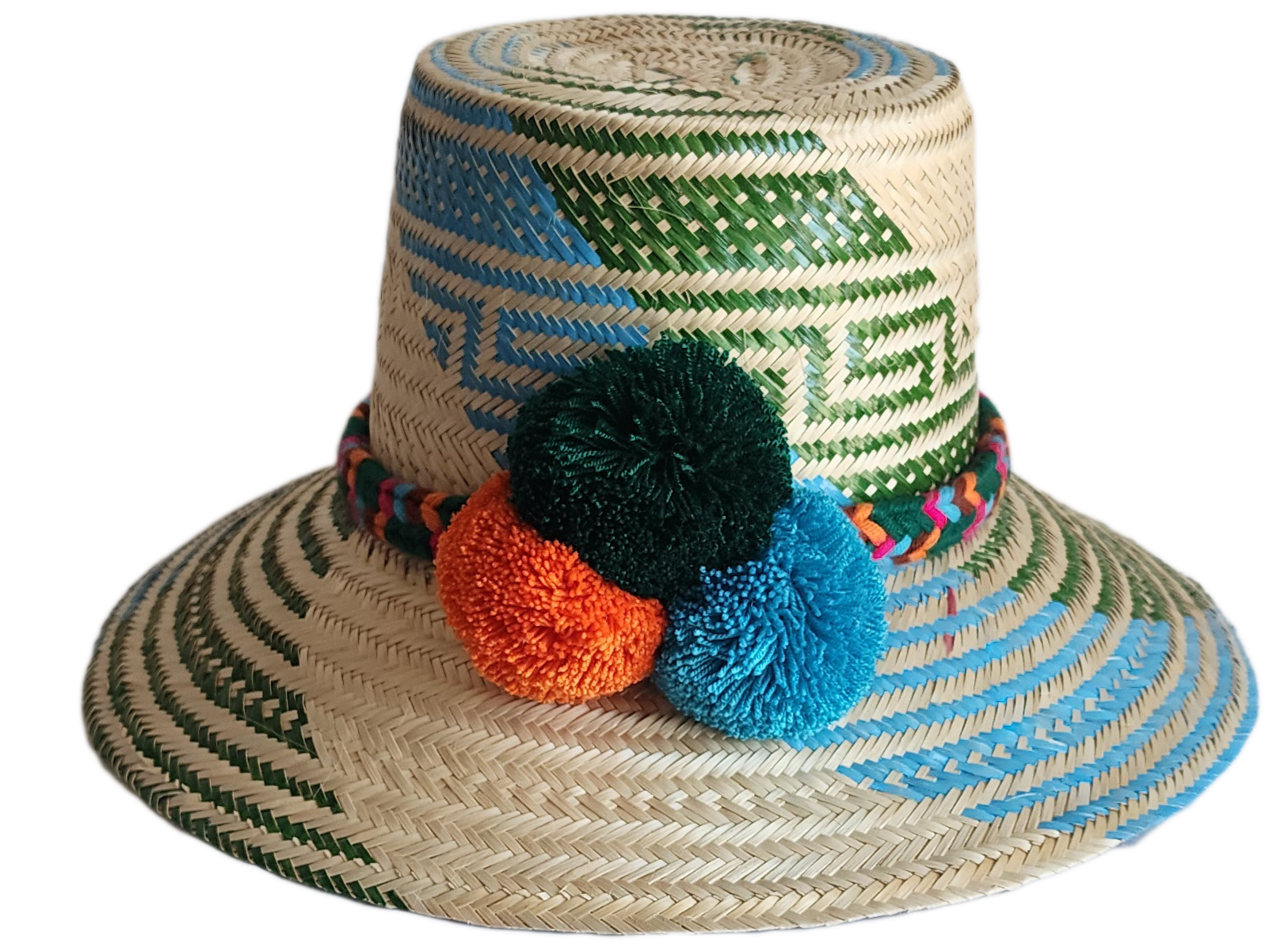"Colorful handmade Wayuu hat woven from Iraca palm fibers, featuring decorative pompoms and offering adjustable fit."