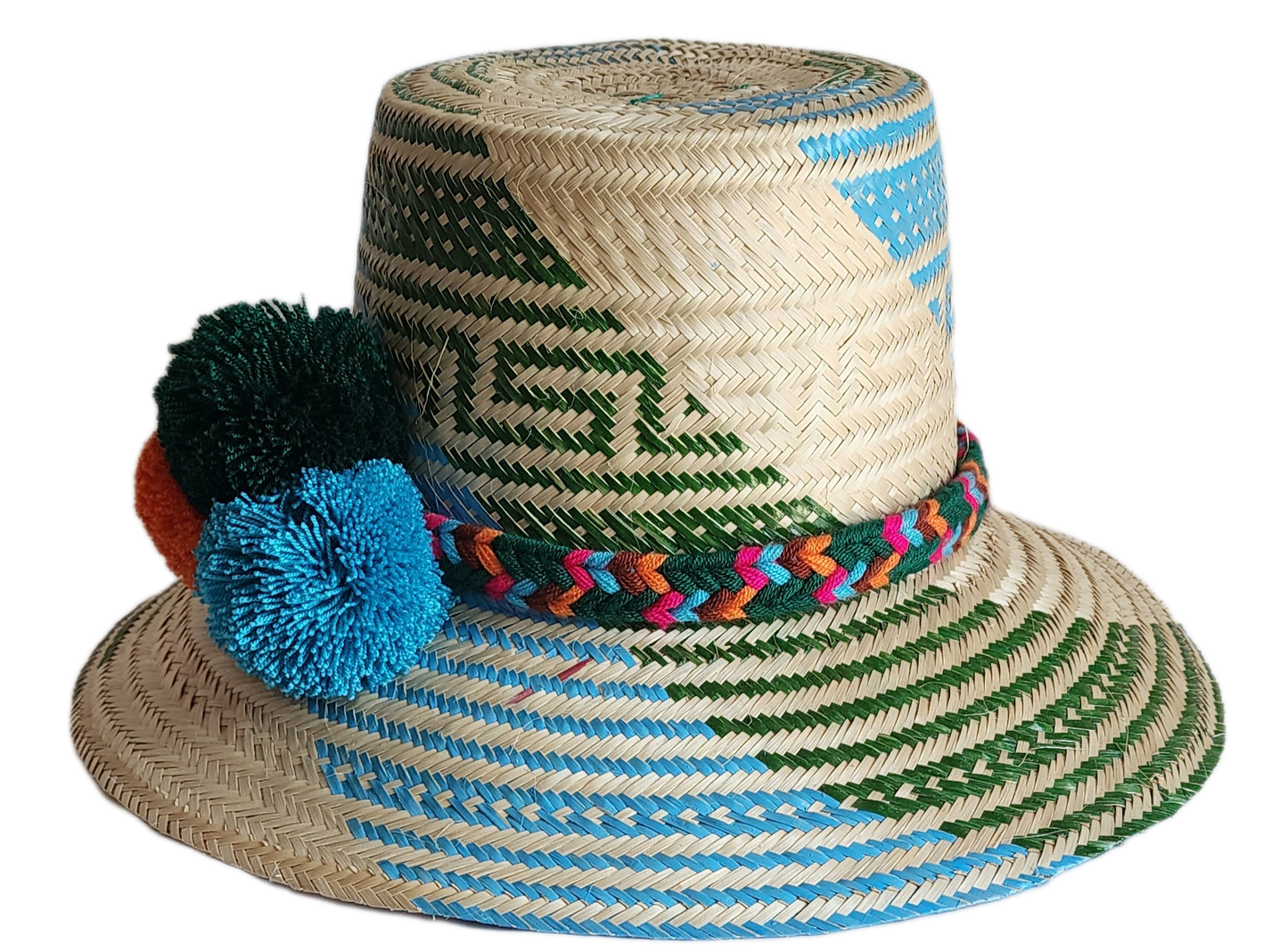 "Colorful handmade Wayuu hat woven from Iraca palm fibers, featuring decorative pompoms and offering adjustable fit."