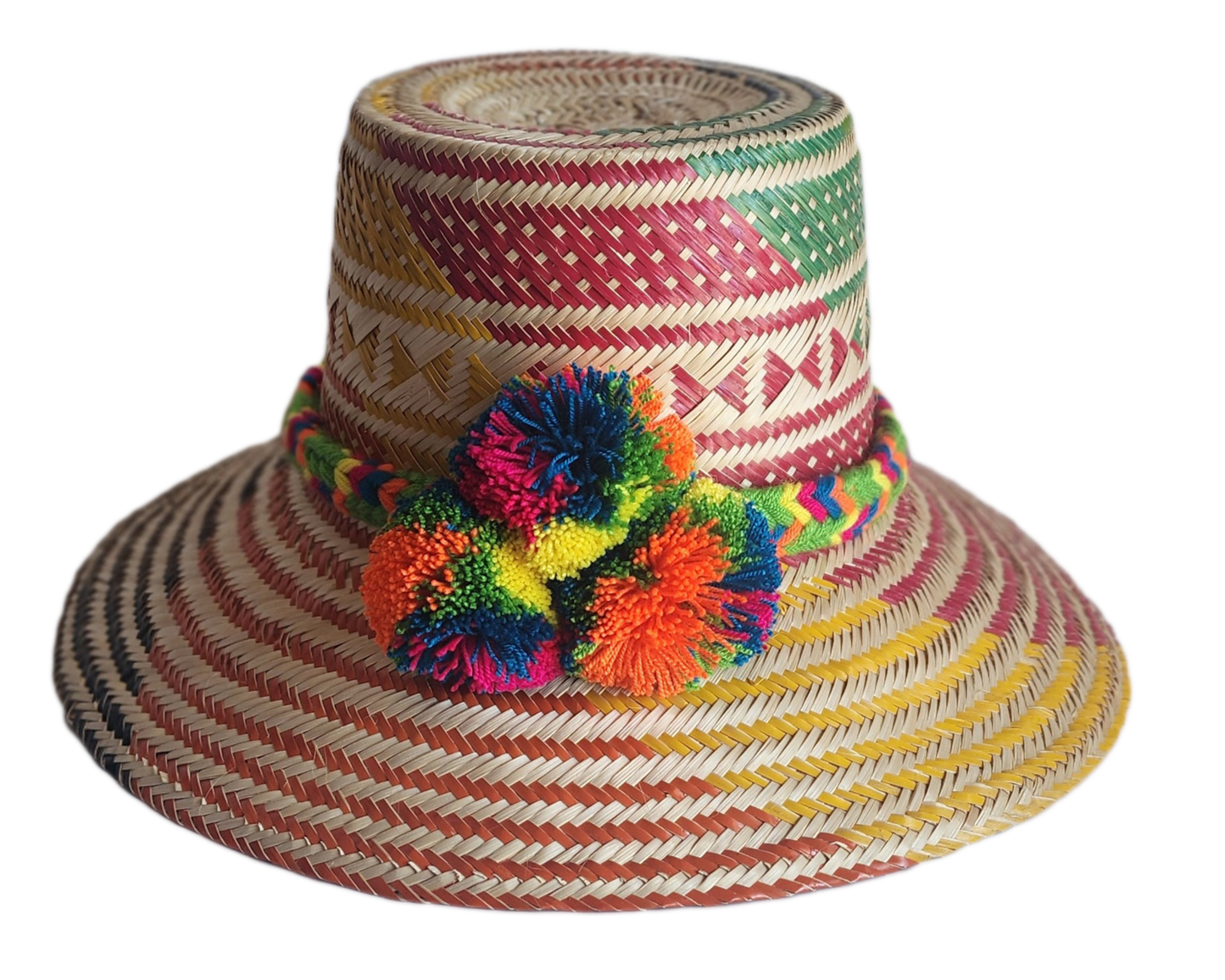 "Colorful handmade Wayuu hat woven from Iraca palm with adjustable fit and cultural pompoms, supporting Wayuu artisans."