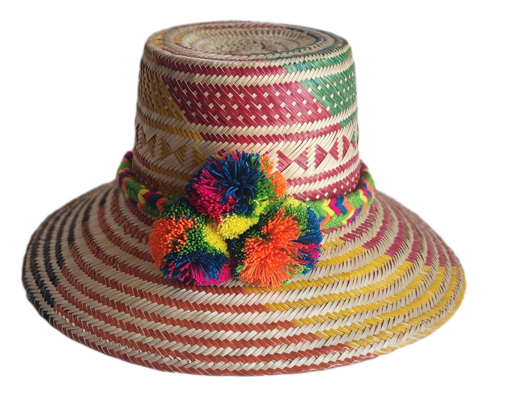 "Colorful handmade Wayuu hat woven from Iraca palm with adjustable fit and cultural pompoms, supporting Wayuu artisans."