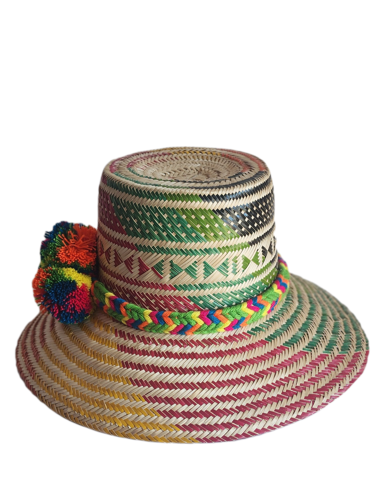 "Colorful handmade Wayuu hat woven from Iraca palm with adjustable fit and cultural pompoms, supporting Wayuu artisans."