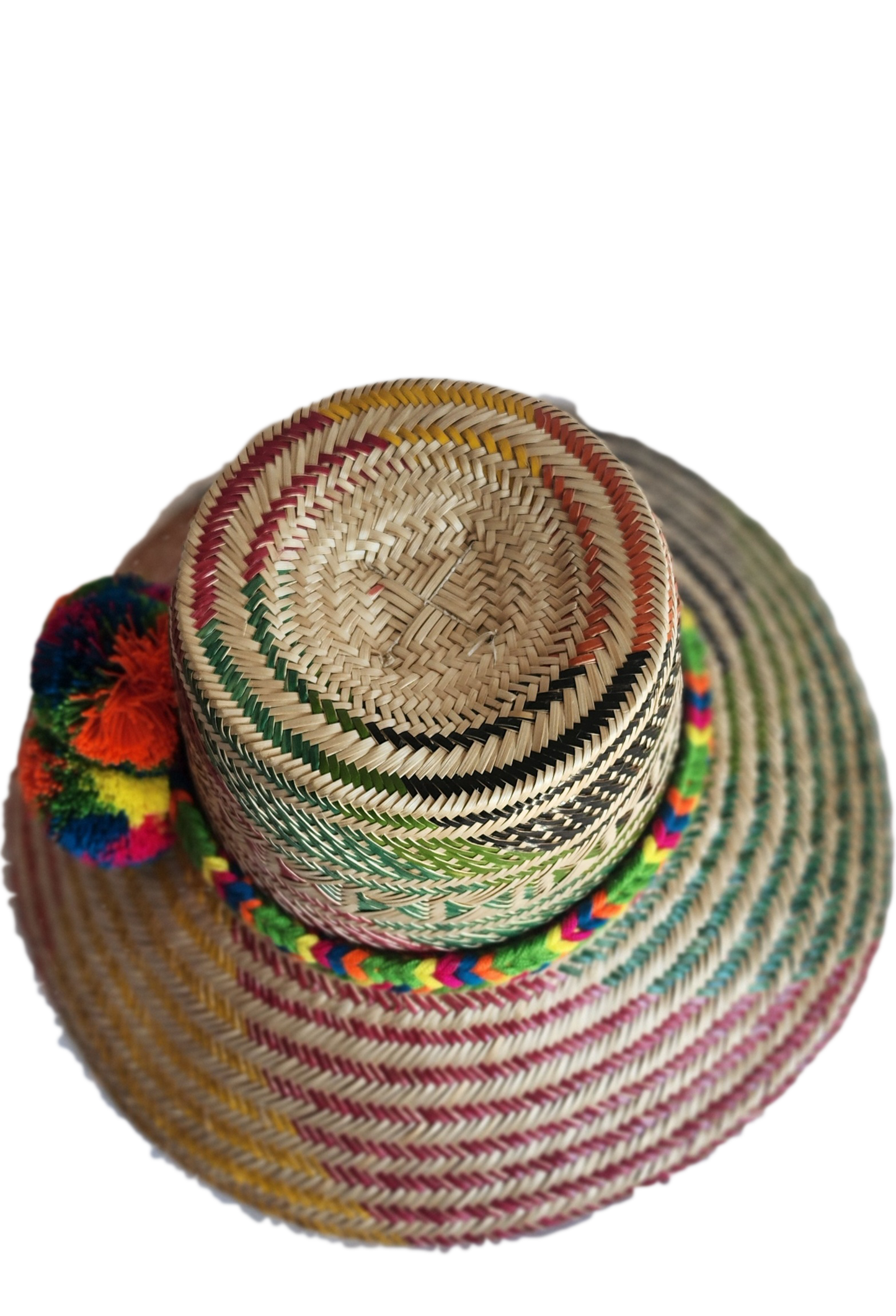 "Colorful handmade Wayuu hat woven from Iraca palm with adjustable fit and cultural pompoms, supporting Wayuu artisans."