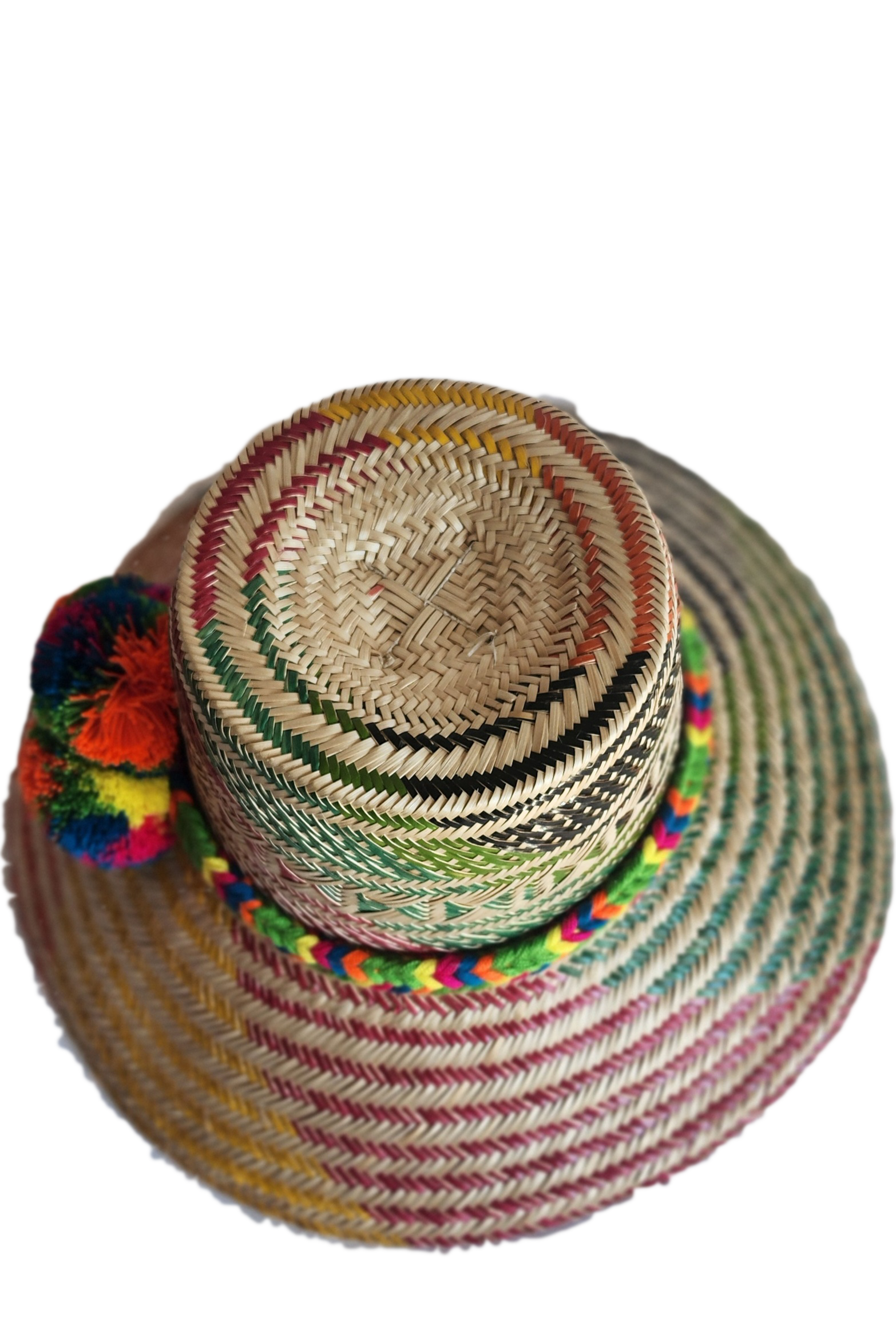 "Colorful handmade Wayuu hat woven from Iraca palm with adjustable fit and cultural pompoms, supporting Wayuu artisans."