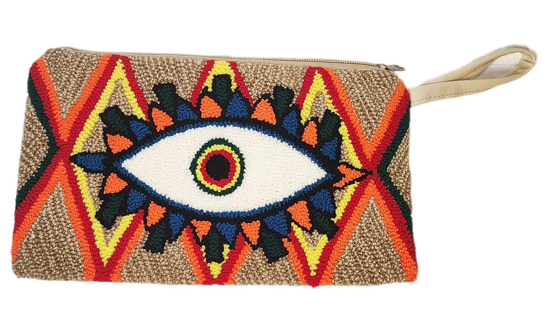 1 "Colorful handmade Wayuu Needle Punch Clutch with vibrant patterns and secure zip closure, showcasing traditional craftsmansh