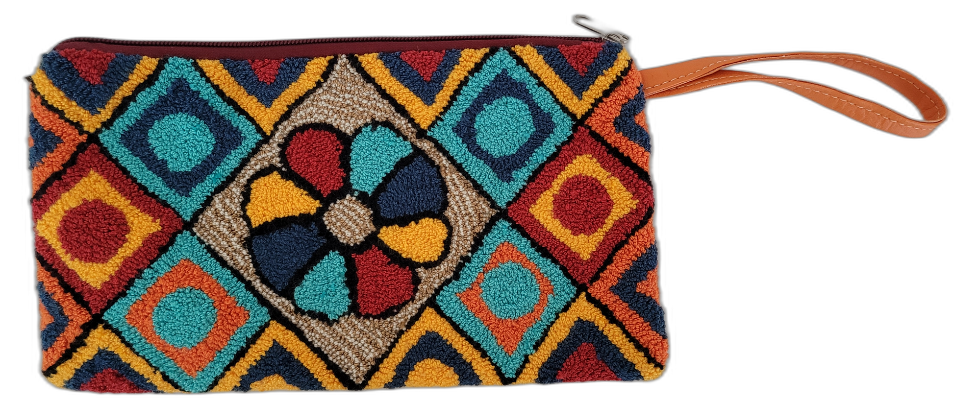 1 Colorful Boho crochet clutch with floral and geometric punch needle patterns, handcrafted by Wayuu artisans.
