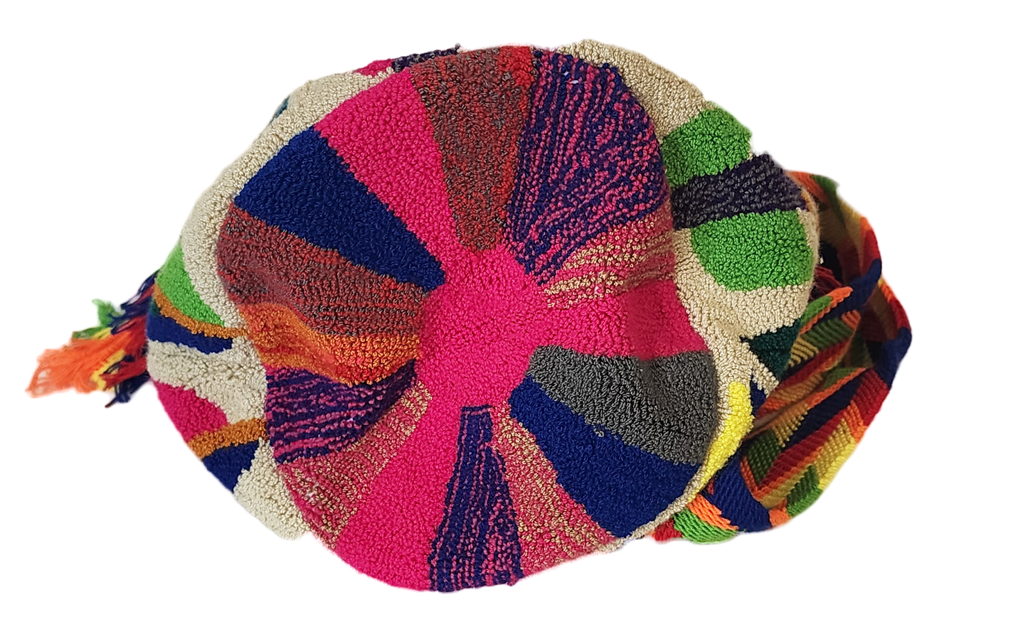 "Colorful handmade Wayuu punch needle crochet bag with adjustable straps, showcasing vibrant geometric patterns and craftsman