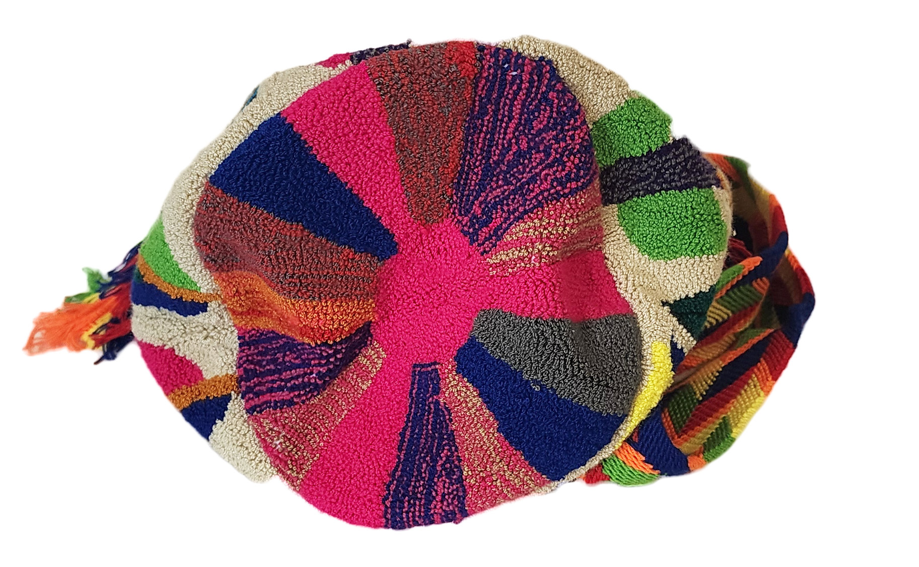 "Colorful handmade Wayuu punch needle crochet bag with adjustable straps, showcasing vibrant geometric patterns and craftsman