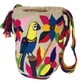 "Colorful handmade Wayuu punch needle crochet bag with adjustable straps, showcasing vibrant geometric patterns and craftsman