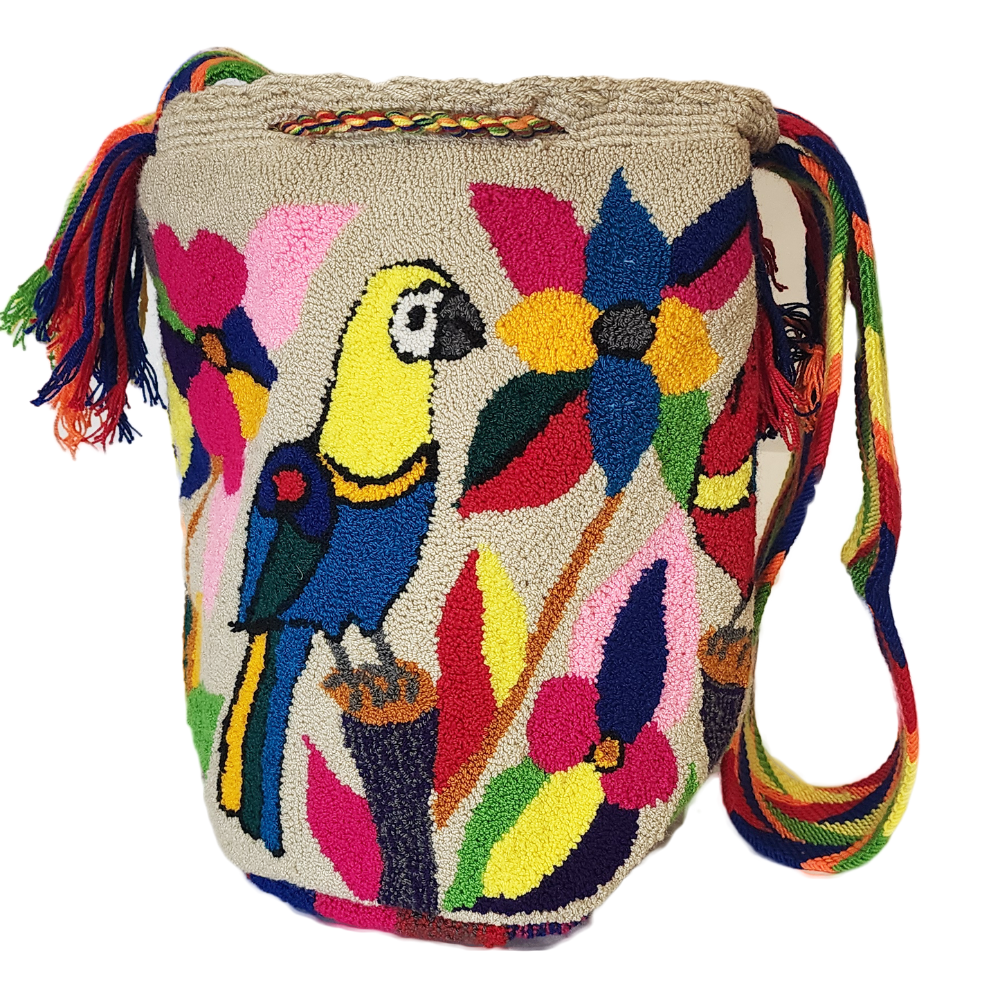 "Colorful handmade Wayuu punch needle crochet bag with adjustable straps, showcasing vibrant geometric patterns and craftsman