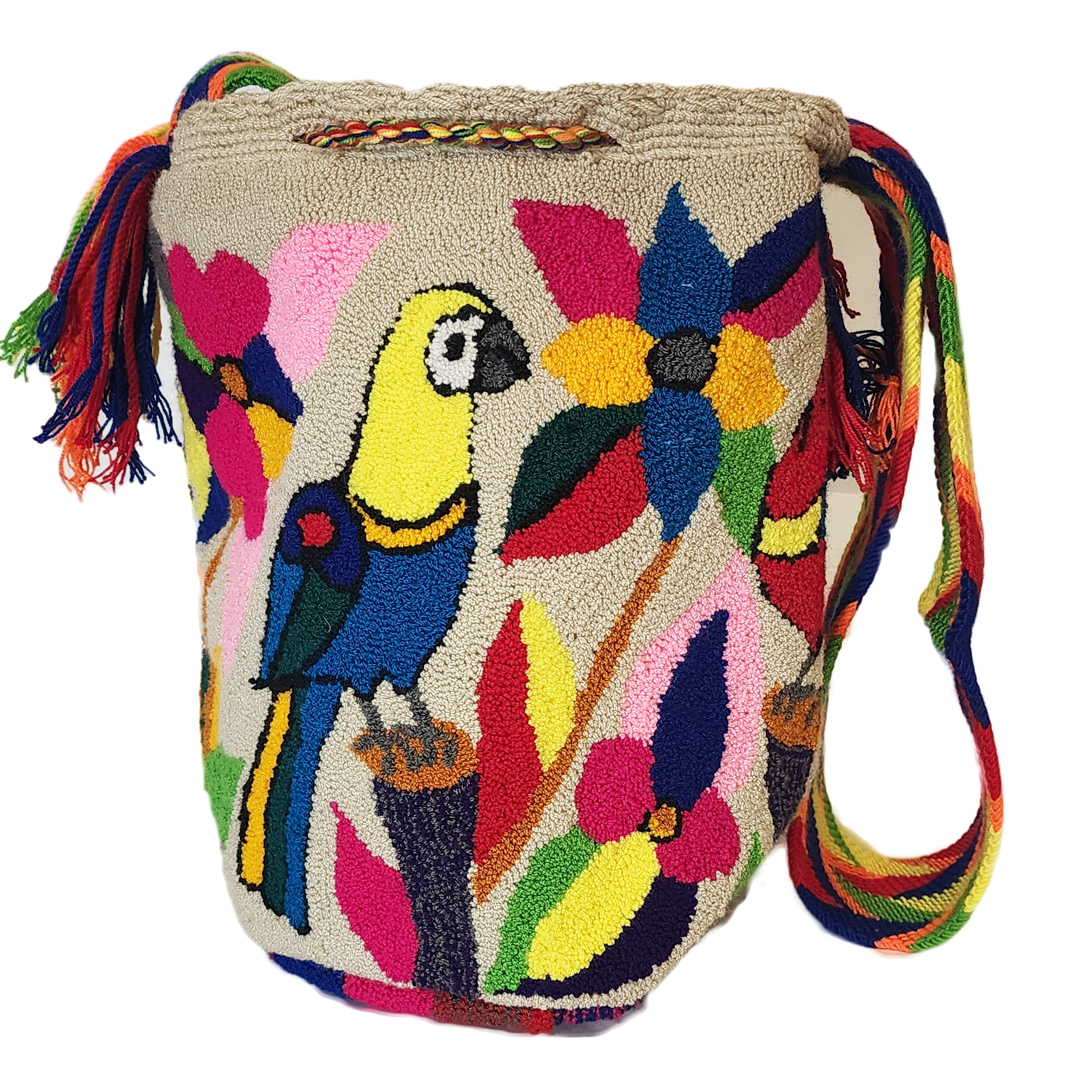 Bottom view "Colorful handmade Wayuu punch needle crochet bag with adjustable straps, showcasing vibrant geometric patterns and craftsman