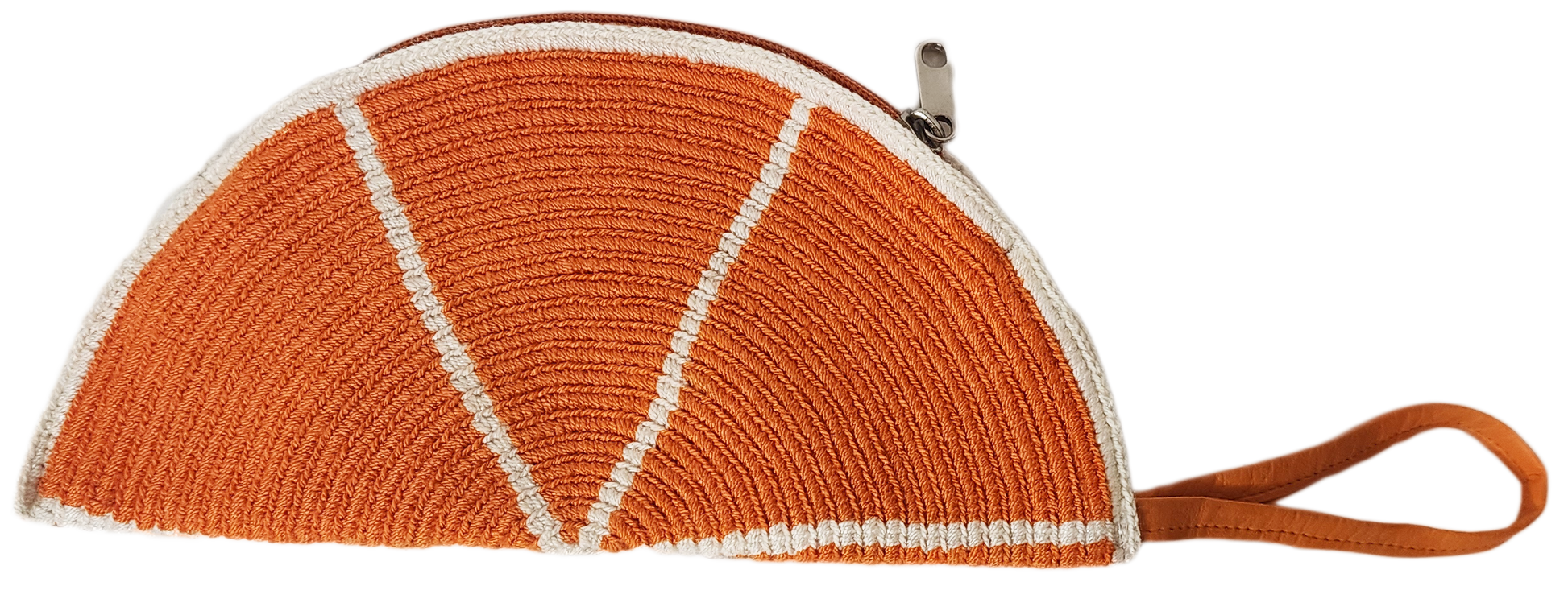 1 "Colorful handmade Wuitusu Artisan Crochet Halfmoon Clutch, crafted by Wayuu artisans, featuring vibrant traditional patterns