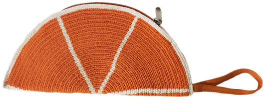 "Colorful handmade Wuitusu Artisan Crochet Halfmoon Clutch, crafted by Wayuu artisans, featuring vibrant traditional patterns