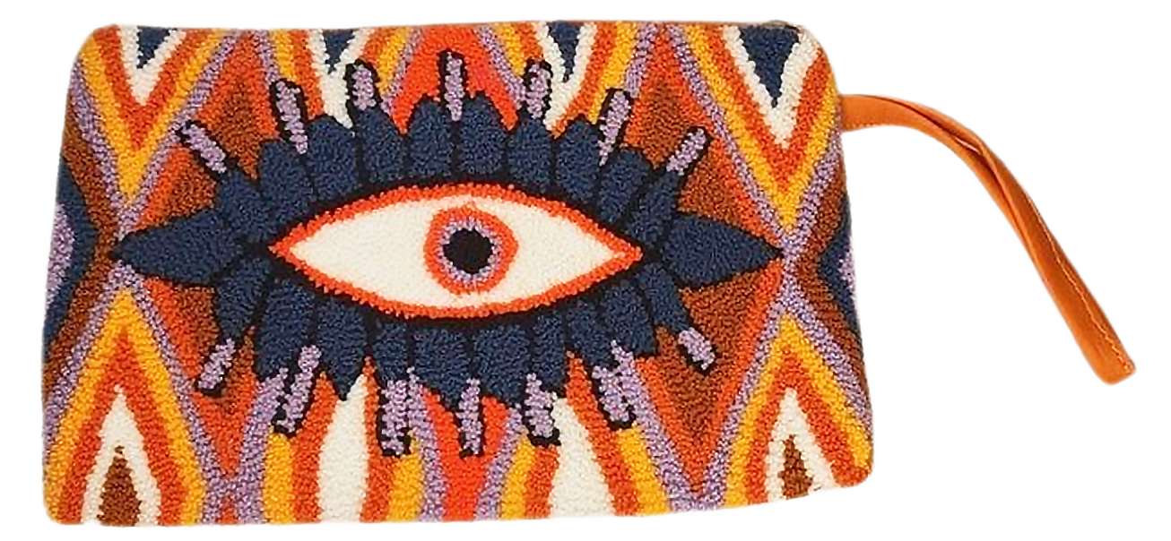 1 "Colorful handmade Wuitusu Artisan Needle Punch Clutch (10.5x6.5 in) with intricate Wayuu patterns, zip closure, and lined in