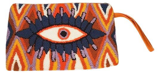 "Colorful handmade Wuitusu Artisan Needle Punch Clutch (10.5x6.5 in) with intricate Wayuu patterns, zip closure, and lined in