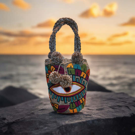 "Colorful handmade Wuitusu Artisan Wayuu crochet bag with vibrant punch needle patterns and a short handle."