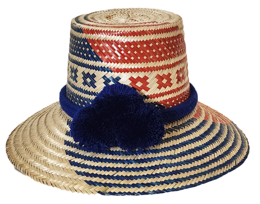 "Colorful, handmade Wuitusu Artisan Wayuu Hat from Colombia and Venezuela, adorned with culturally significant pompoms."
