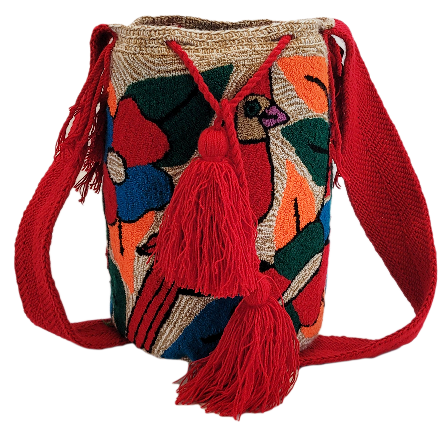 "Colorful handmade Wuitusu crochet bag, featuring vibrant, geometric patterns inspired by Wayuu heritage."