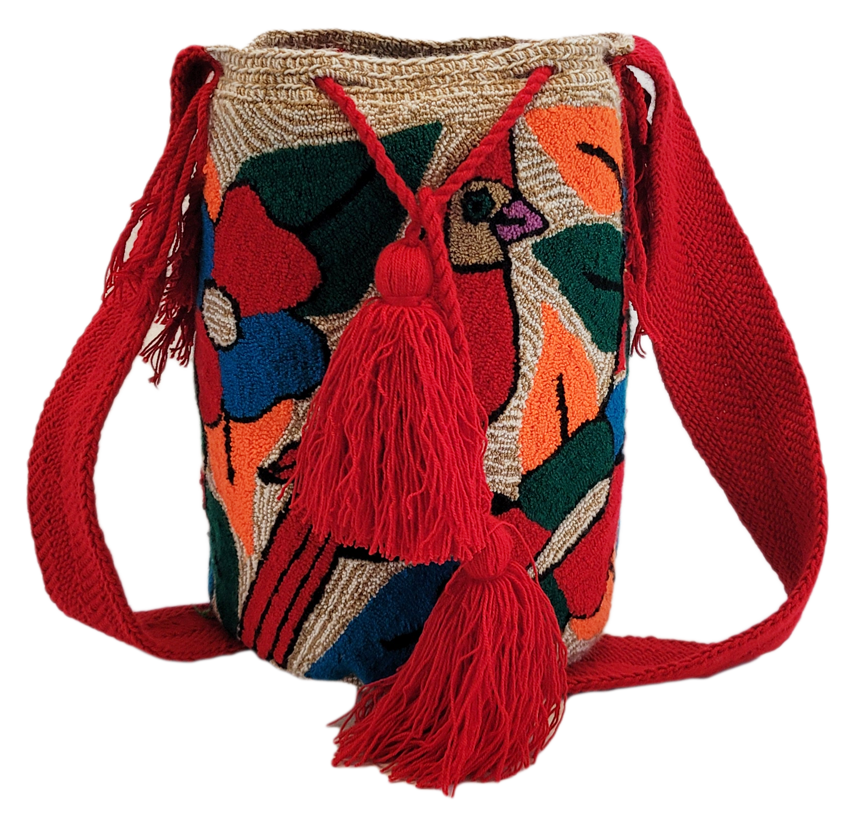 "Colorful handmade Wuitusu crochet bag, featuring vibrant, geometric patterns inspired by Wayuu heritage."