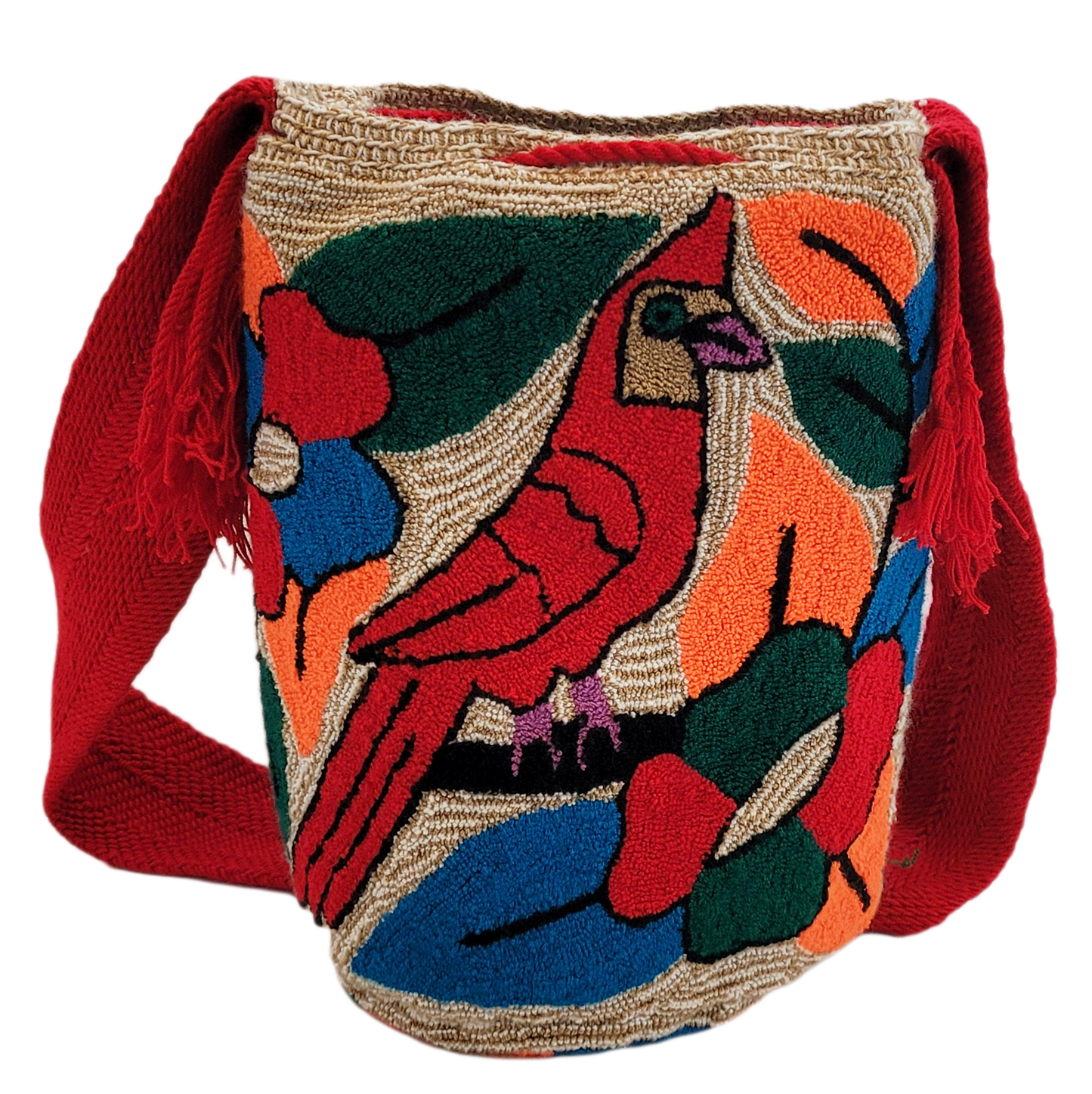 "Colorful handmade Wuitusu crochet bag, featuring vibrant, geometric patterns inspired by Wayuu heritage."