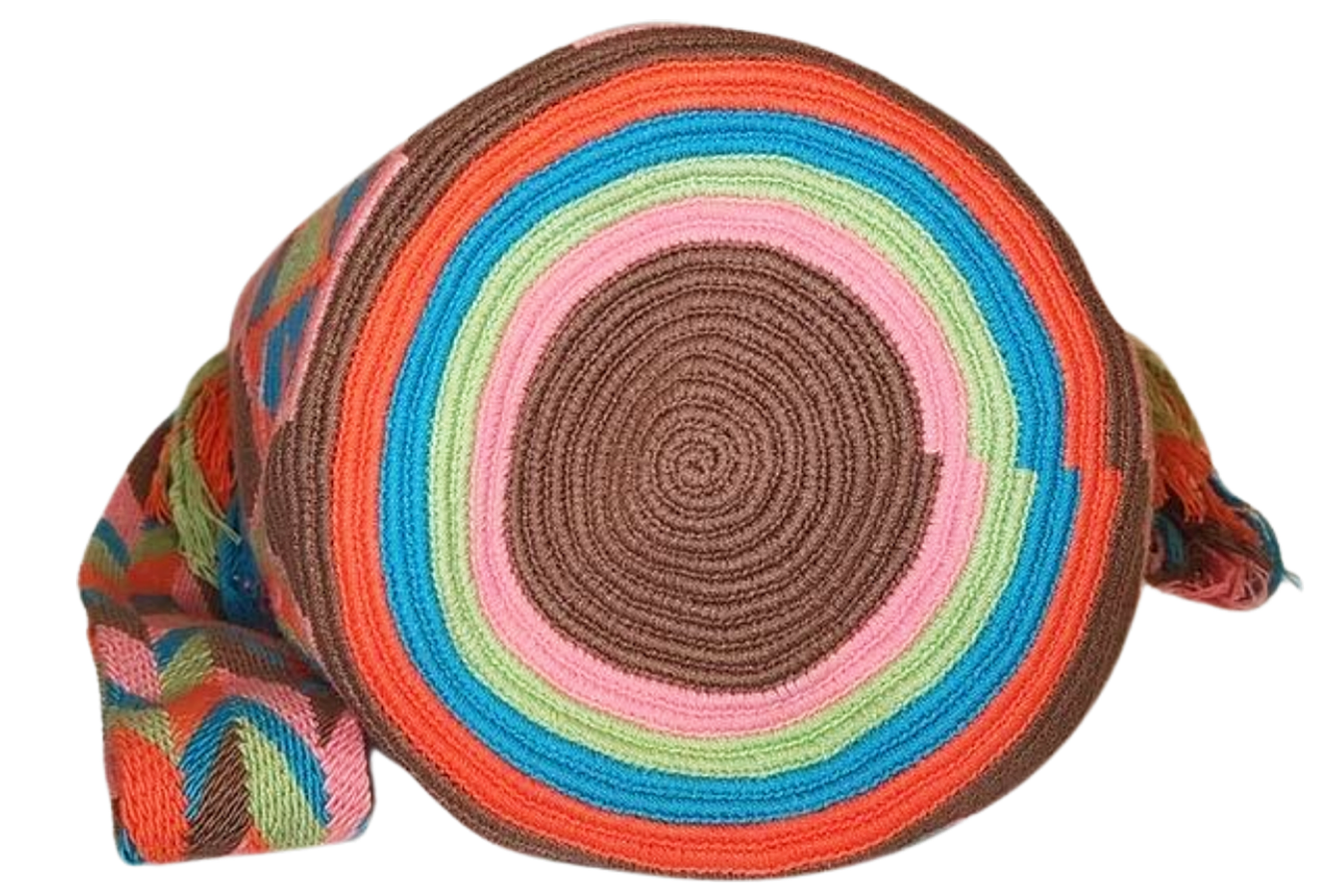 "Colorful handmade Wuitusu Crochet Wayuu Bag by Colombian artisans, featuring vibrant geometric patterns and a long, comforta
