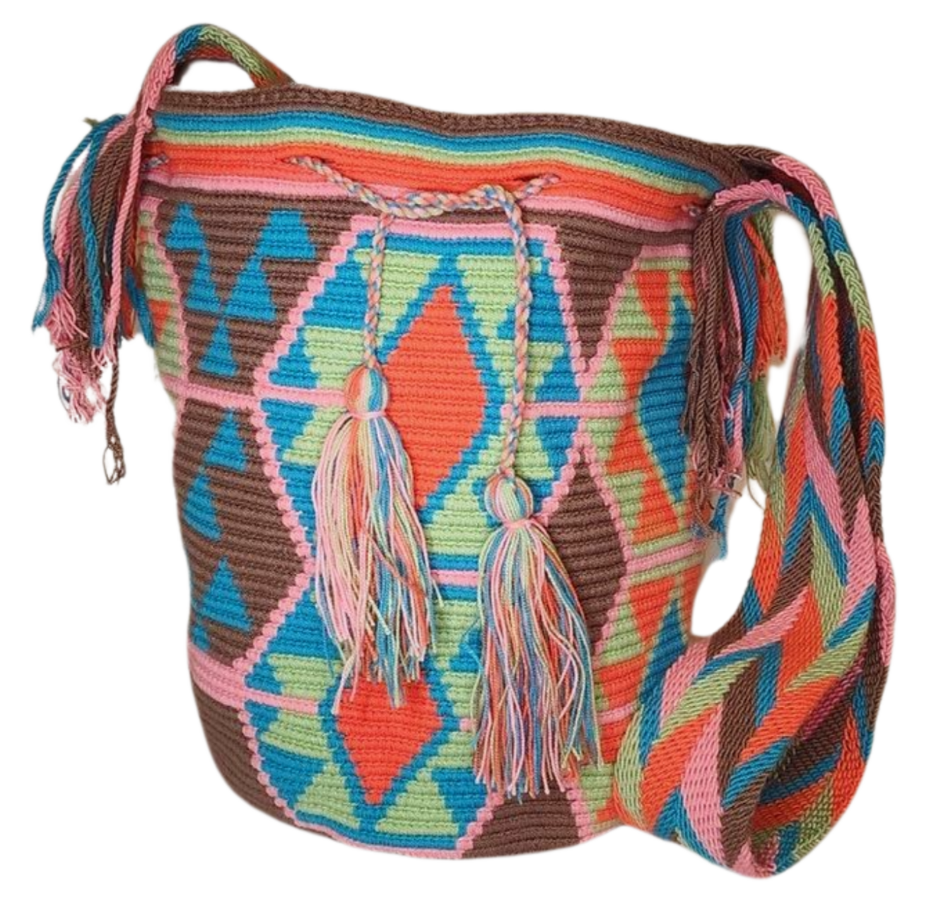 "Colorful handmade Wuitusu Crochet Wayuu Bag by Colombian artisans, featuring vibrant geometric patterns and a long, comforta