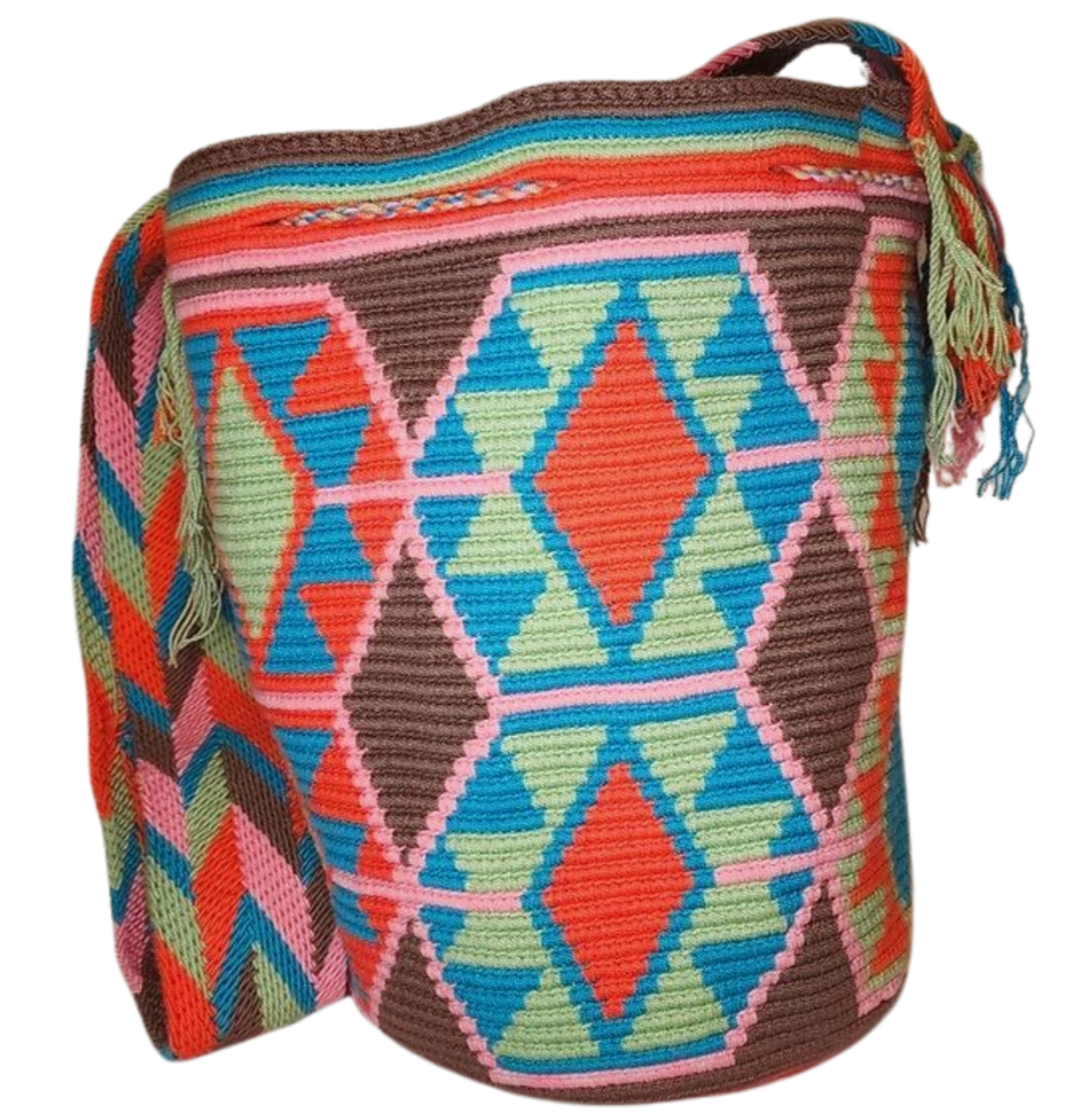 Bottom view "Colorful handmade Wuitusu Crochet Wayuu Bag by Colombian artisans, featuring vibrant geometric patterns and a long, comforta