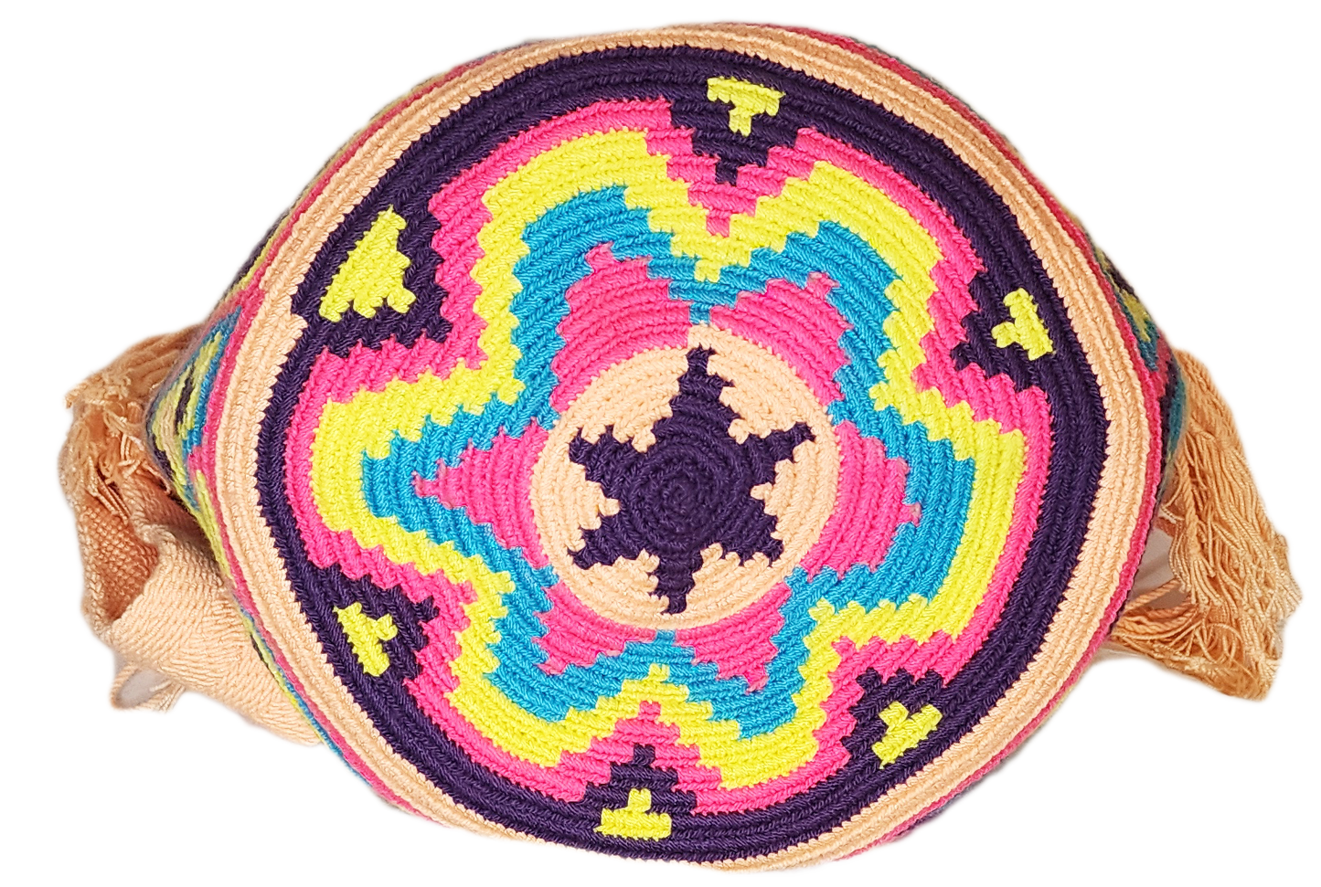 "Colorful handmade Wuitusu crochet Wayuu bag, showcasing traditional geometric patterns and a long woven strap for versatile 