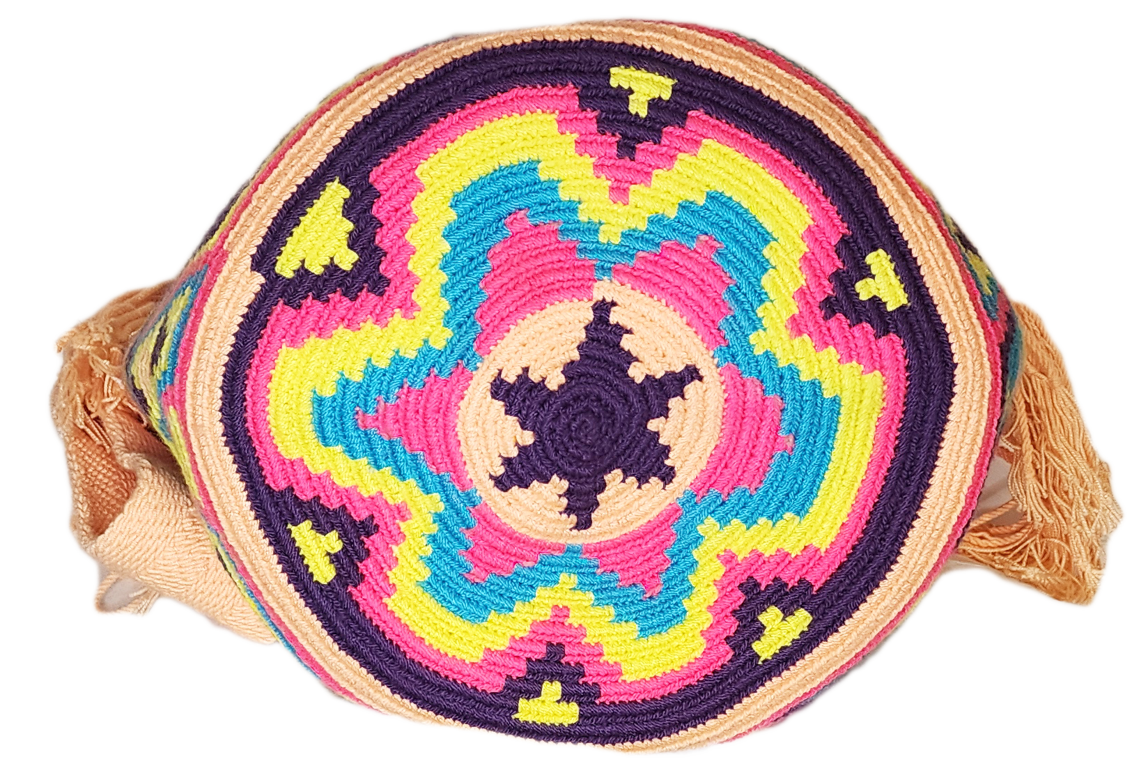"Colorful handmade Wuitusu crochet Wayuu bag, showcasing traditional geometric patterns and a long woven strap for versatile 
