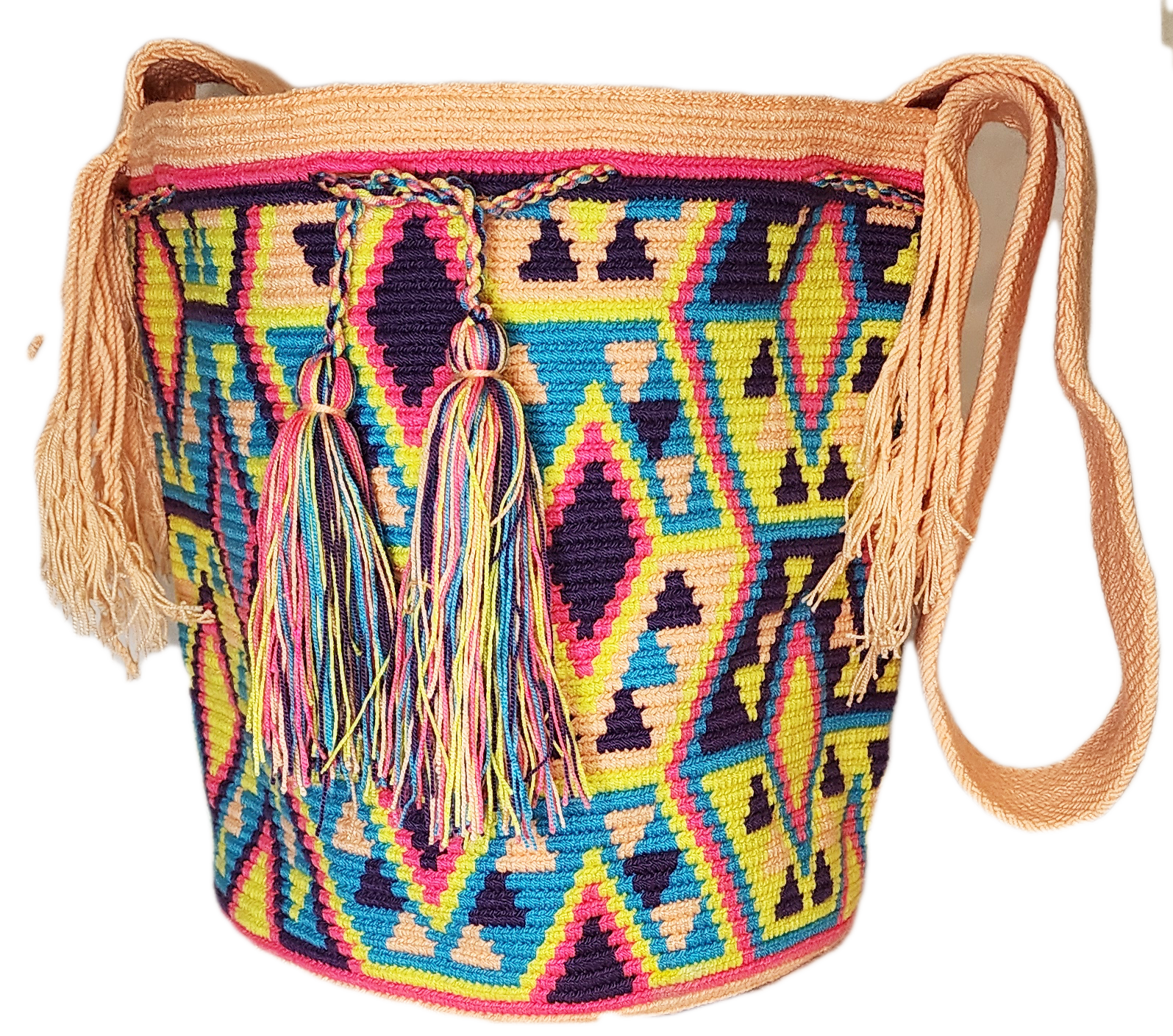 "Colorful handmade Wuitusu crochet Wayuu bag, showcasing traditional geometric patterns and a long woven strap for versatile 