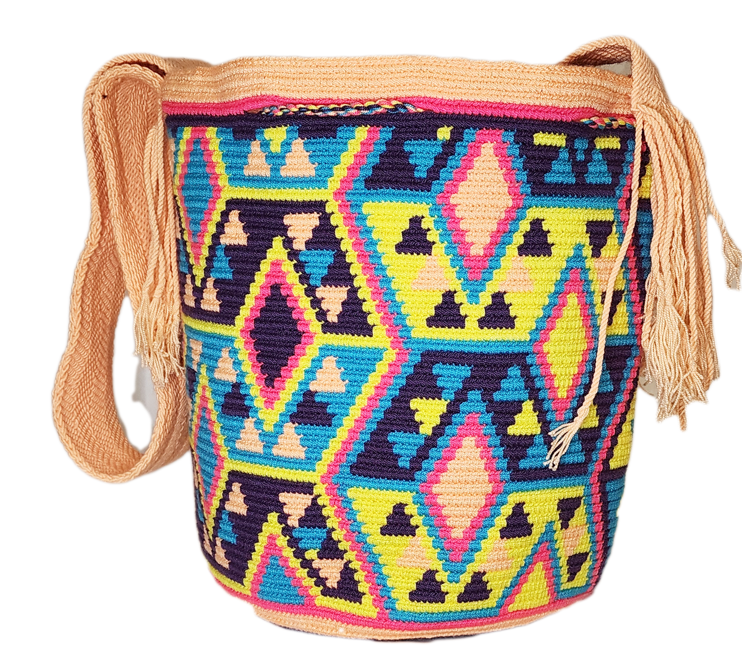 "Colorful handmade Wuitusu crochet Wayuu bag, showcasing traditional geometric patterns and a long woven strap for versatile 