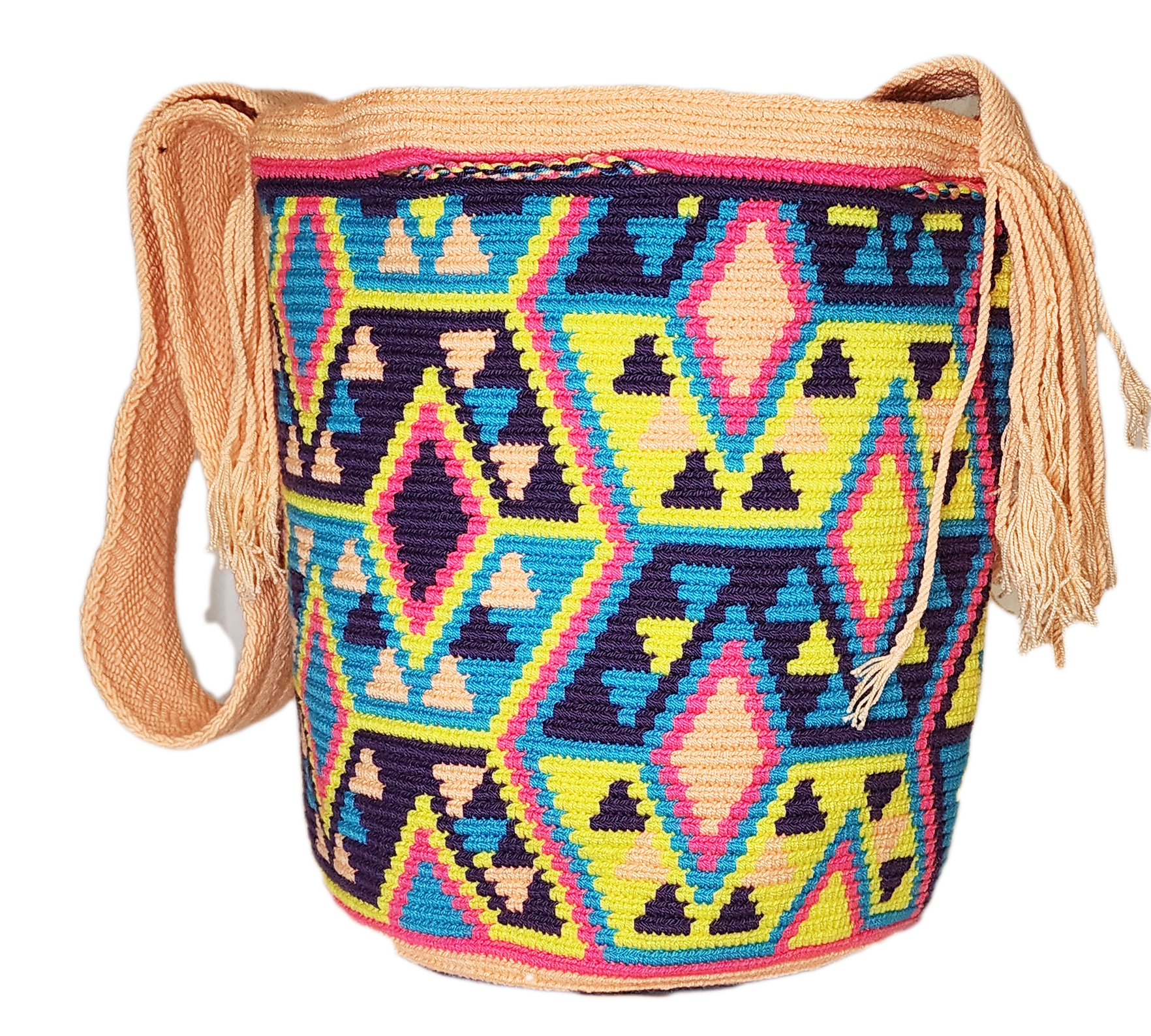 Bottom view "Colorful handmade Wuitusu crochet Wayuu bag, showcasing traditional geometric patterns and a long woven strap for versatile 