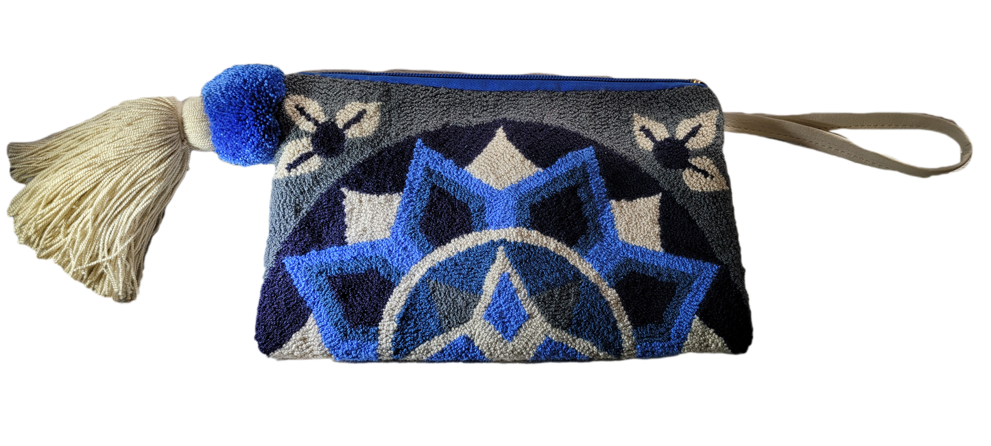 "Colorful handmade Wuitusu Needle Punch Clutch by Wayuu artisans, featuring a vibrant pattern, zippered closure, and durable 
