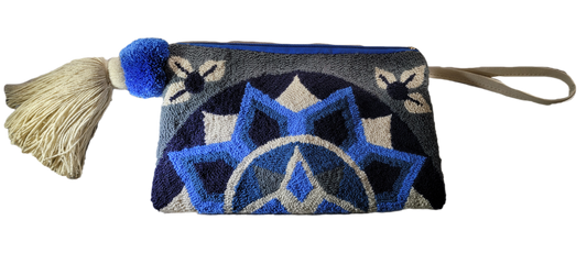 "Colorful handmade Wuitusu Needle Punch Clutch by Wayuu artisans, featuring a vibrant pattern, zippered closure, and durable 