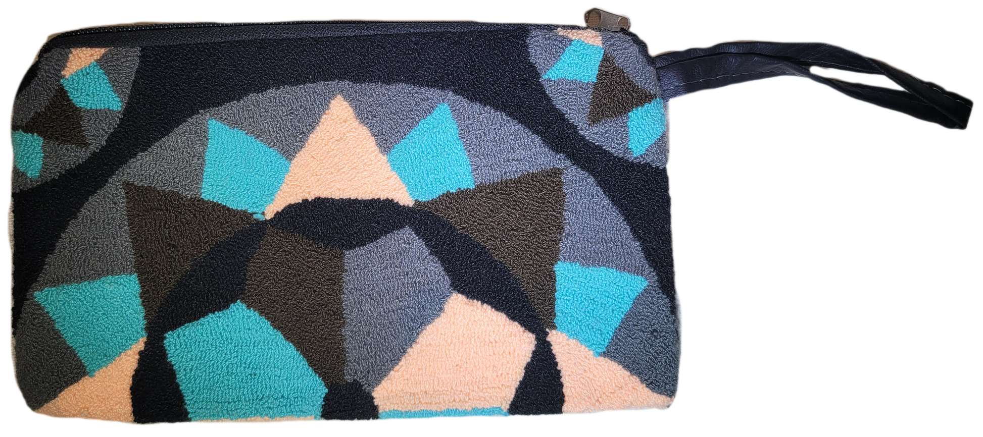 1 "Colorful handmade Wuitusu Needle Punch Clutch by Wayuu artisans, featuring vibrant patterns and secure zip closure."