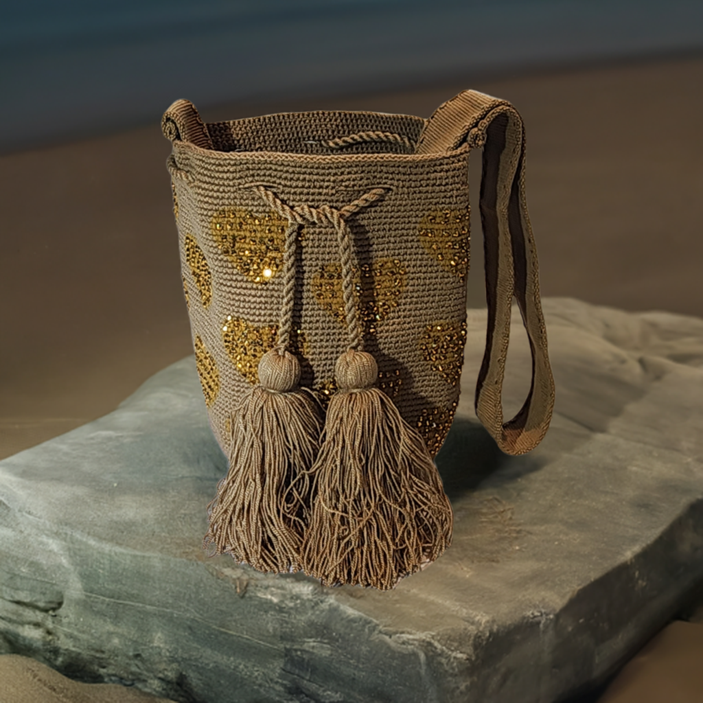 "Colorful handmade Wuitusu Wayuu crochet bag, crafted by artisans, featuring vibrant patterns and a long, stretchy strap for 