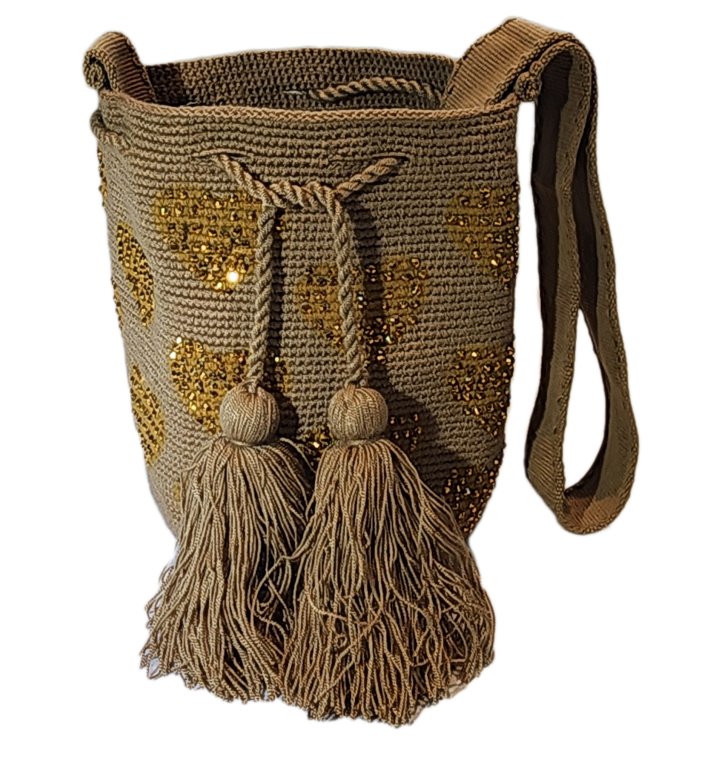 "Colorful handmade Wuitusu Wayuu crochet bag, crafted by artisans, featuring vibrant patterns and a long, stretchy strap for 