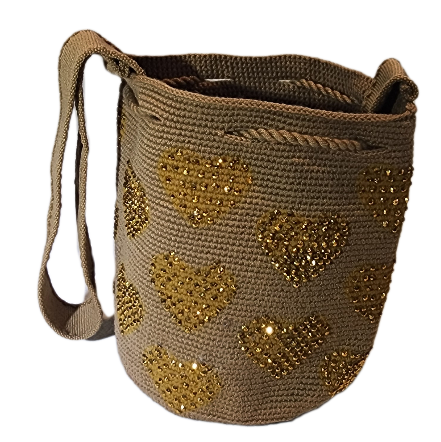 Bottom view "Colorful handmade Wuitusu Wayuu crochet bag, crafted by artisans, featuring vibrant patterns and a long, stretchy strap for 