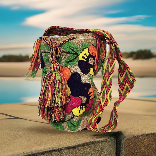 "Colorful handmade Wuitusu Wayuu crochet bag, showcasing vibrant Wayuu culture and artisanal craftsmanship, with adjustable s