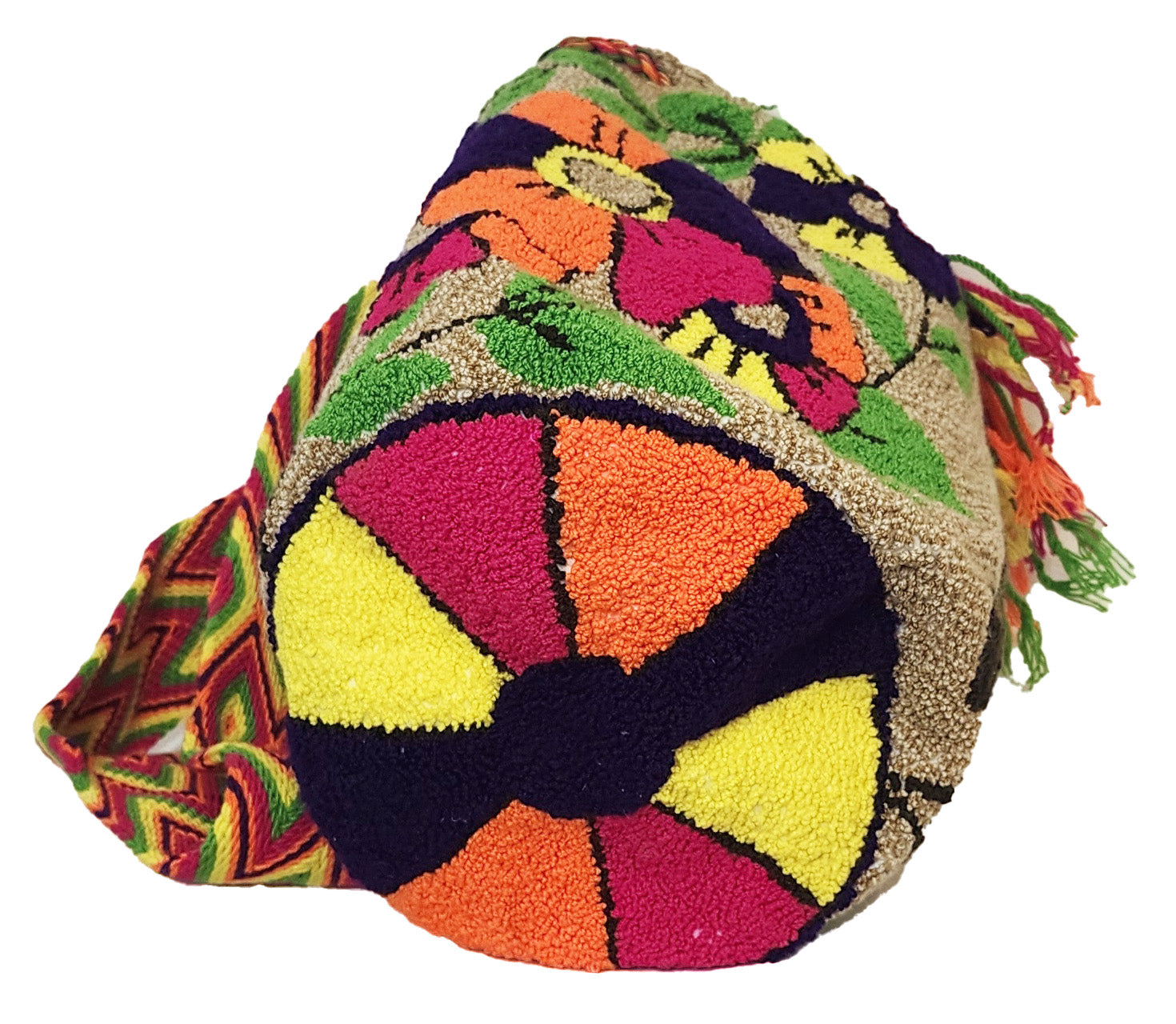 "Colorful handmade Wuitusu Wayuu crochet bag, showcasing vibrant Wayuu culture and artisanal craftsmanship, with adjustable s