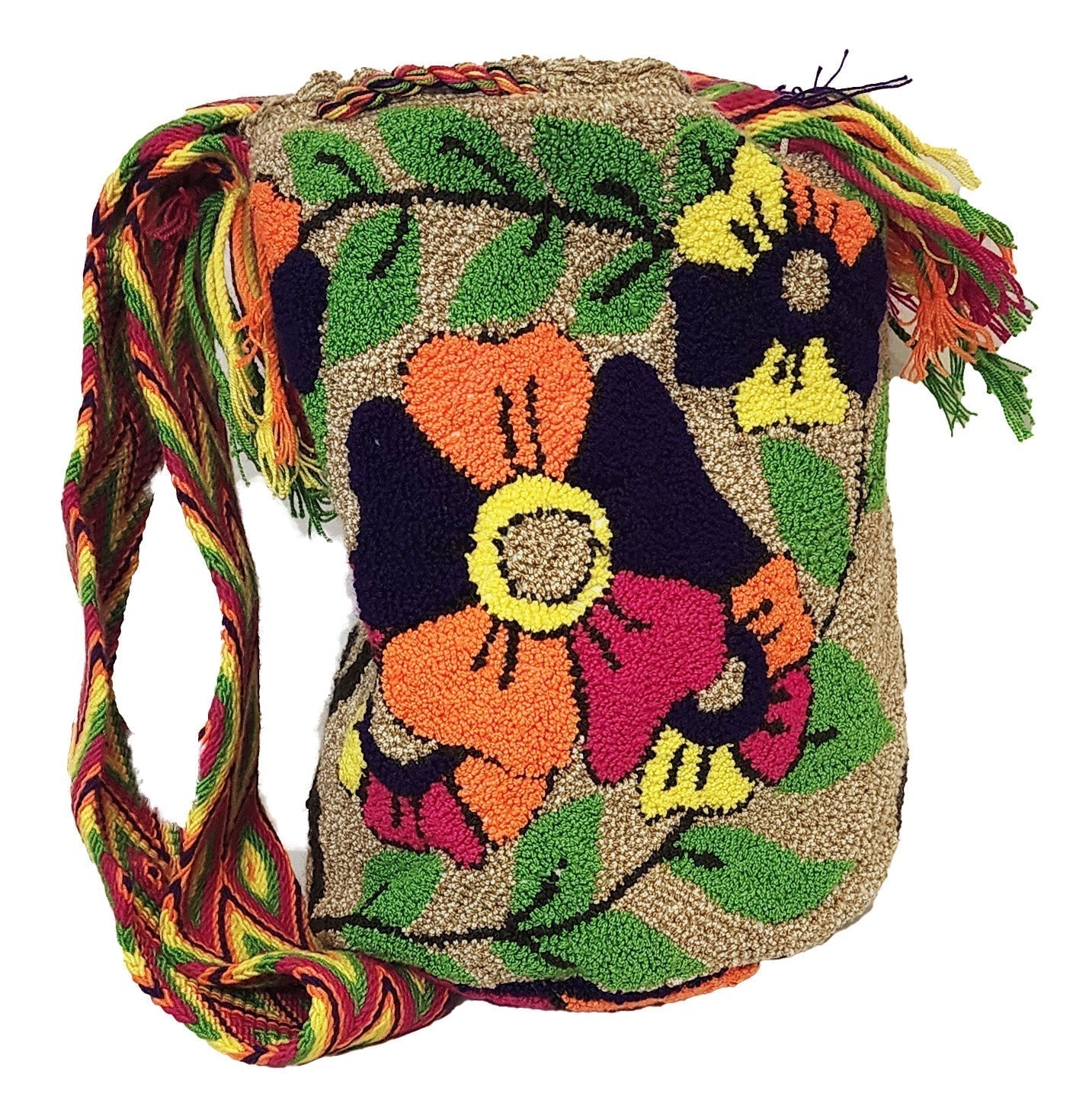 Bottom view "Colorful handmade Wuitusu Wayuu crochet bag, showcasing vibrant Wayuu culture and artisanal craftsmanship, with adjustable s