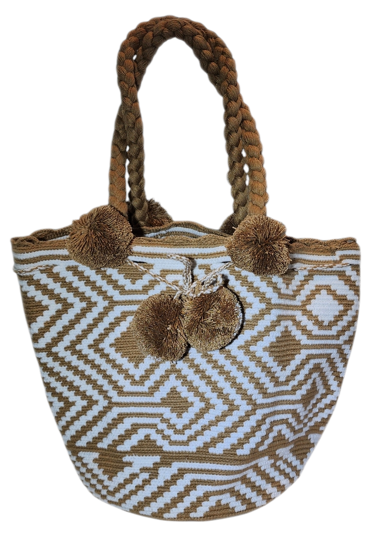 "Colorful handmade Wuitusu Wayuu crochet bag with a short handle, showcasing unique Wayuu craftsmanship and vibrant bohemian 