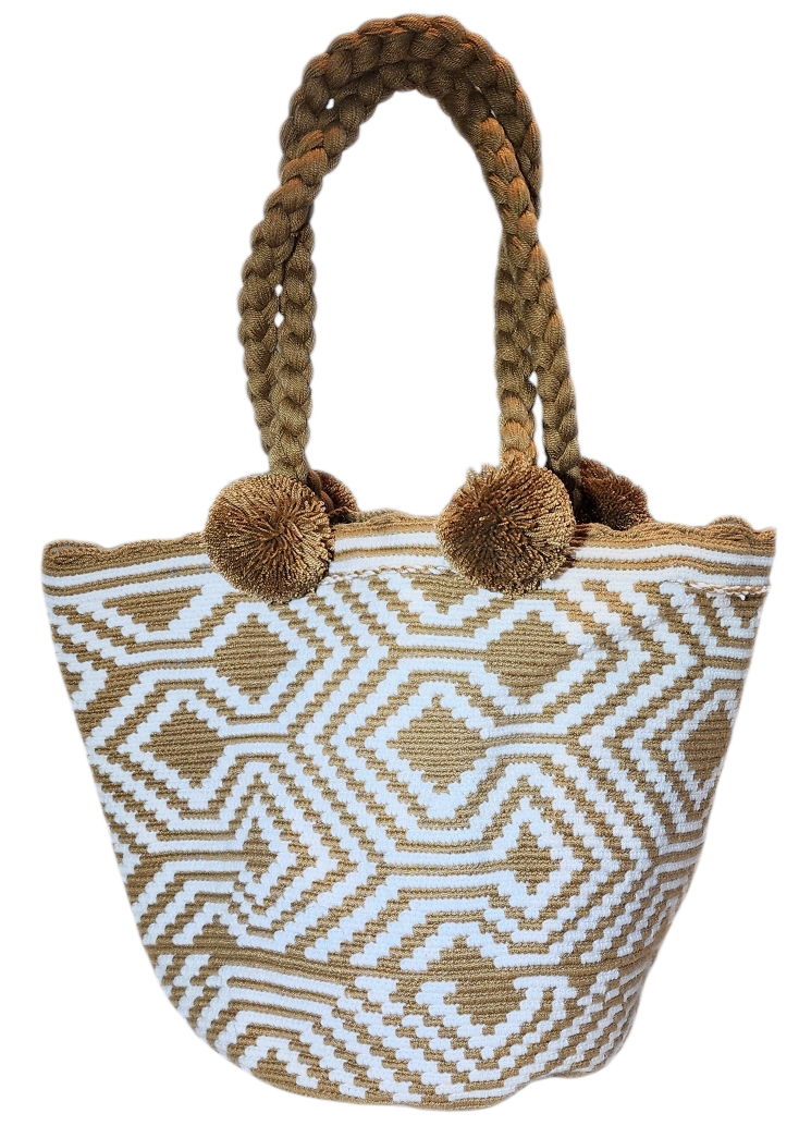 "Colorful handmade Wuitusu Wayuu crochet bag with a short handle, showcasing unique Wayuu craftsmanship and vibrant bohemian 
