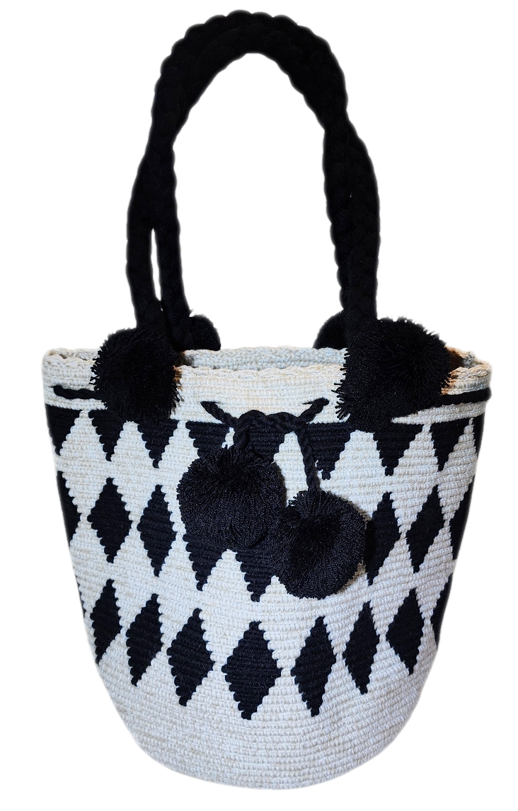 "Colorful handmade Wuitusu Wayuu crochet bag with short handle, celebrating traditional artistry and supporting fair trade."