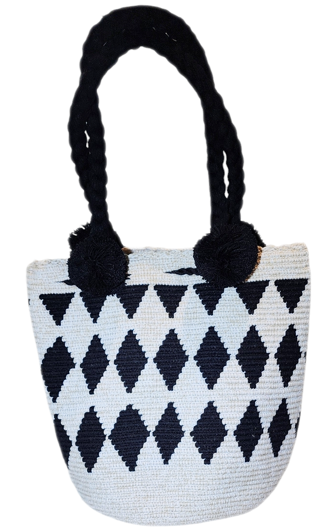 Bottom view "Colorful handmade Wuitusu Wayuu crochet bag with short handle, celebrating traditional artistry and supporting fair trade."
