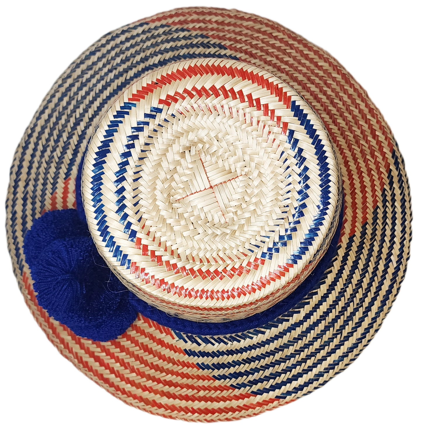 "Colorful handmade Wuitusu Wayuu hat crafted from Iraca palm fibers, adorned with symbolic pompoms, offering versatile stylin