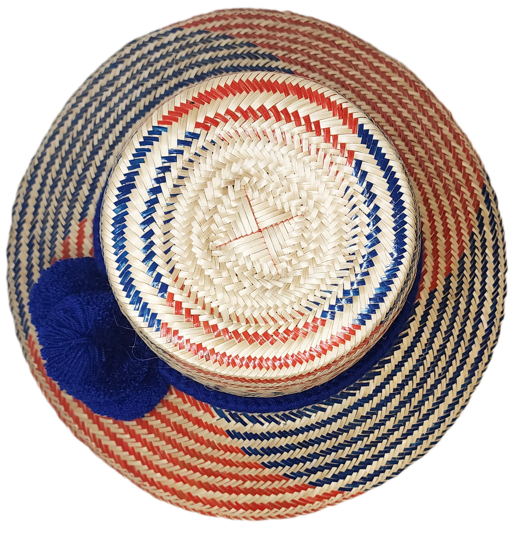 "Colorful handmade Wuitusu Wayuu hat crafted from Iraca palm fibers, adorned with symbolic pompoms, offering versatile stylin