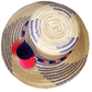 "Colorful handmade Wuitusu Wayuu hat crafted from Iraca palm fiber, adorned with culturally significant pompoms, adjustable f