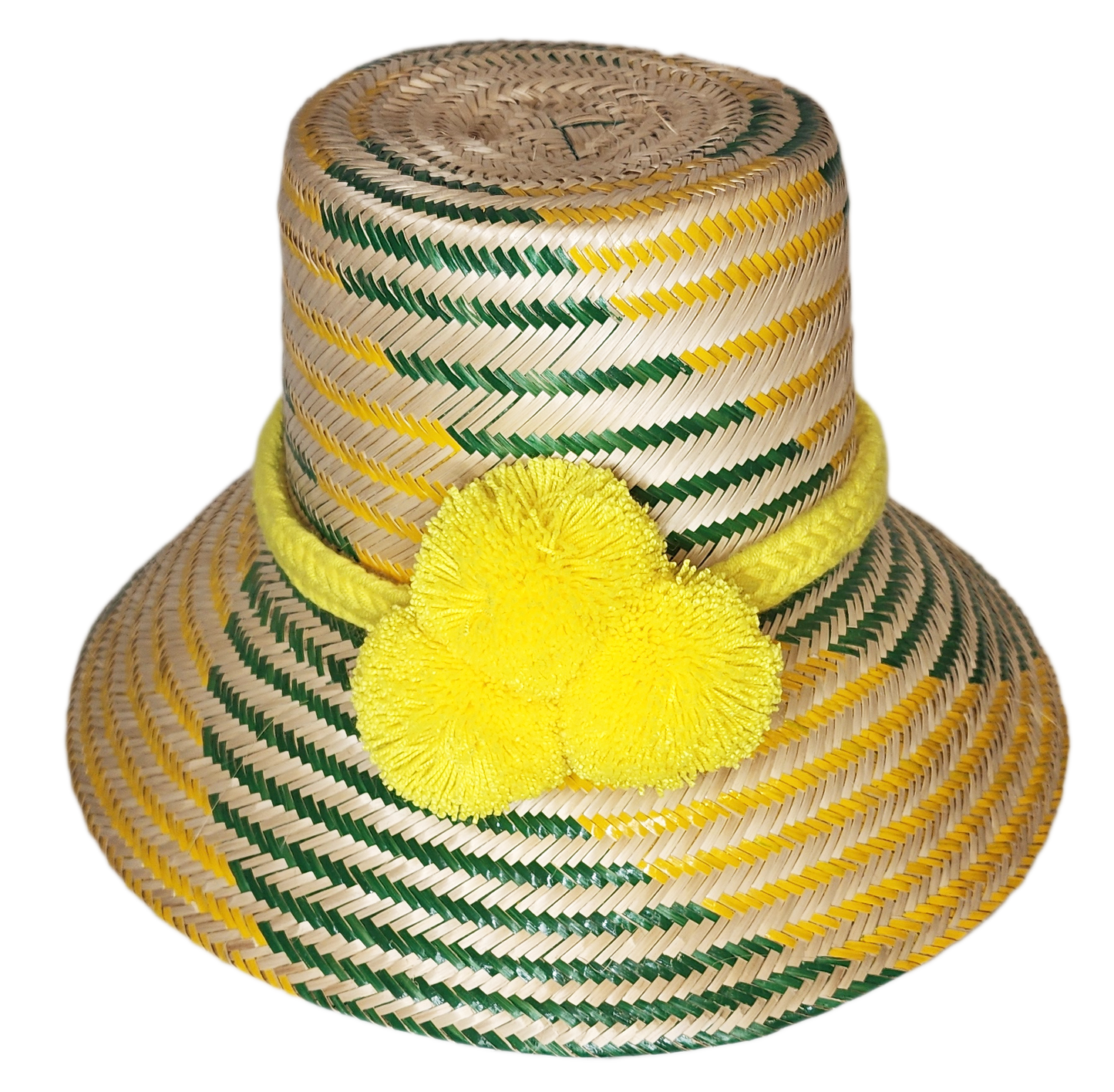"Colorful handmade Wuitusu Wayuu hats crafted from Iraca palm fibers, featuring distinctive pompoms and versatile styling opt